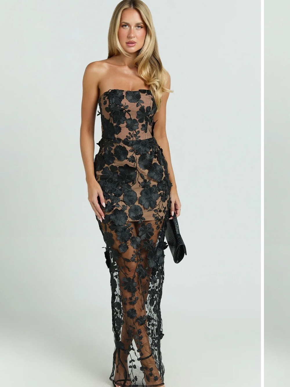 Showpo Black Floral Appliqué Strapless Maxi Dress